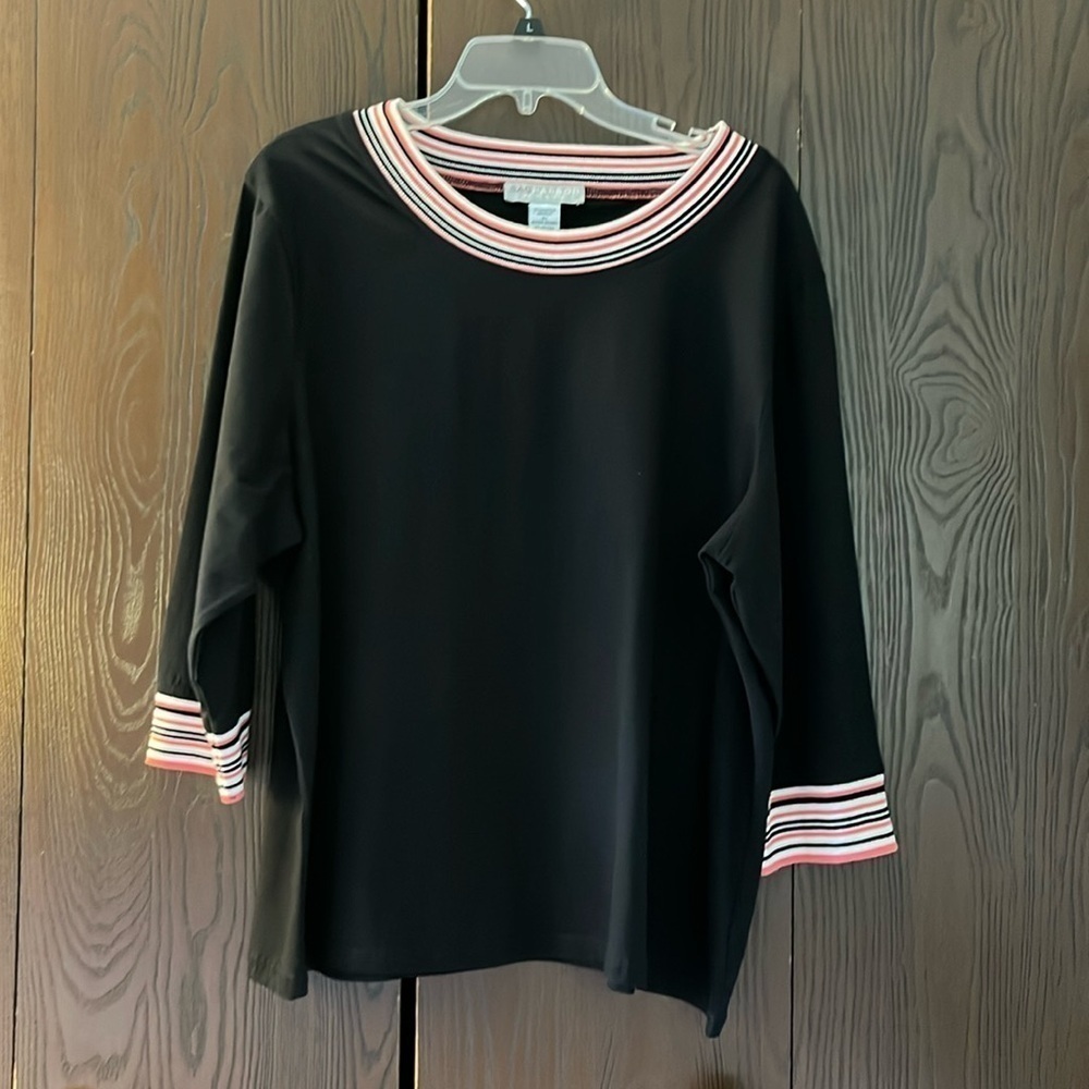 Sag Harbor 3/4 sleeved black top with striped neck and cuff of sleeves Size 1X
